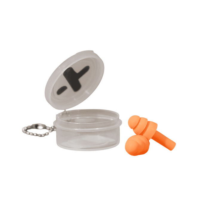 An orange silicone earplug set with a clear container and keychain attachment.
