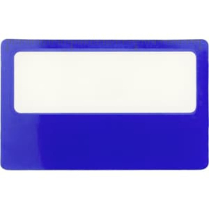 A blue pocket ruler magnifier with a transparent sleeve for easy visibility of measurements.