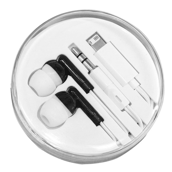 Wired earbuds in black and white, packaged with multiple tips and a cable, contained in a clear round case.