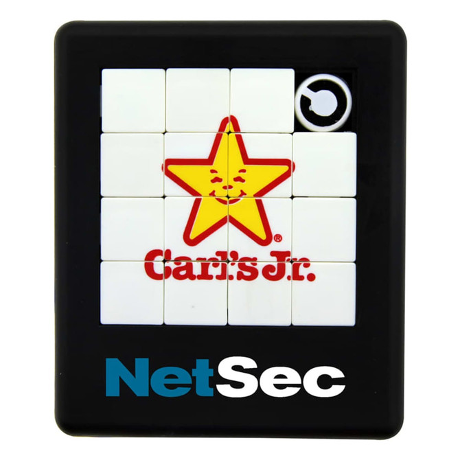 A classic puzzle game featuring a black frame, white tiles, and a logo in red and yellow. It has a branding detail.