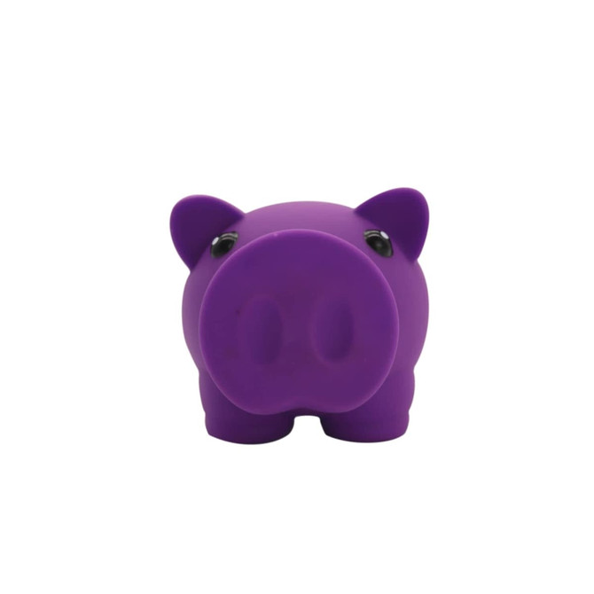 A purple piggy bank with a rounded snout and small ears, featuring two black eyes and a simple design.