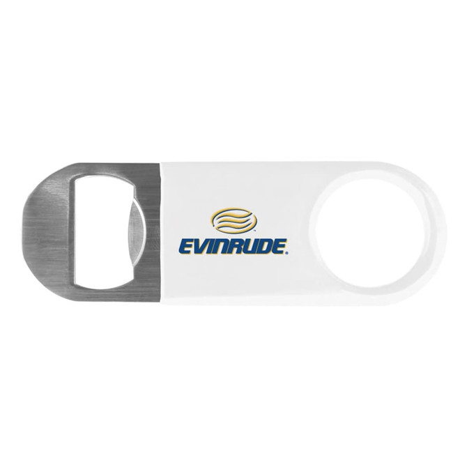 A drink bottle opener featuring a stainless steel end and a white vinyl body, with a logo on one side.