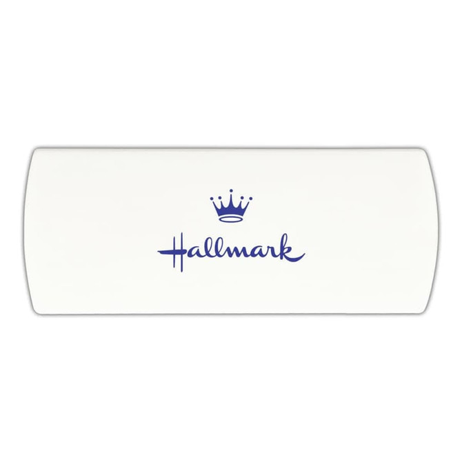 A white bandage dispenser with a blue logo featuring a crown and the word "Hallmark".