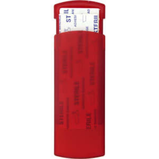A red bandage dispenser with a curved top, holding bandages inside, and featuring a logo.