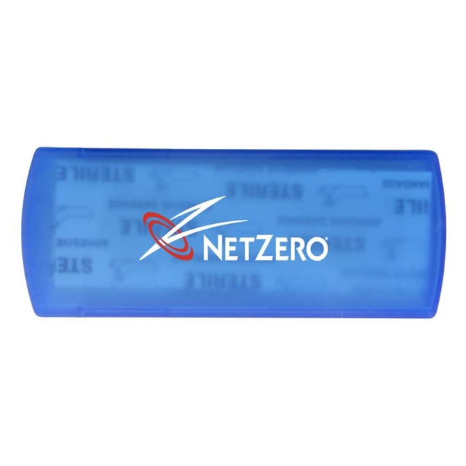 A blue bandage dispenser with a logo, featuring a clear window to view the bandages inside.