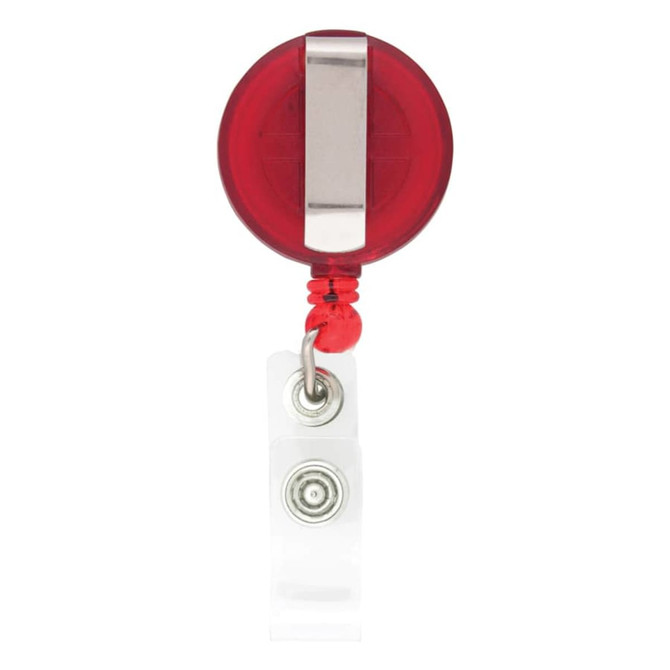 A red round badge holder with a silver clip and a clear strap.