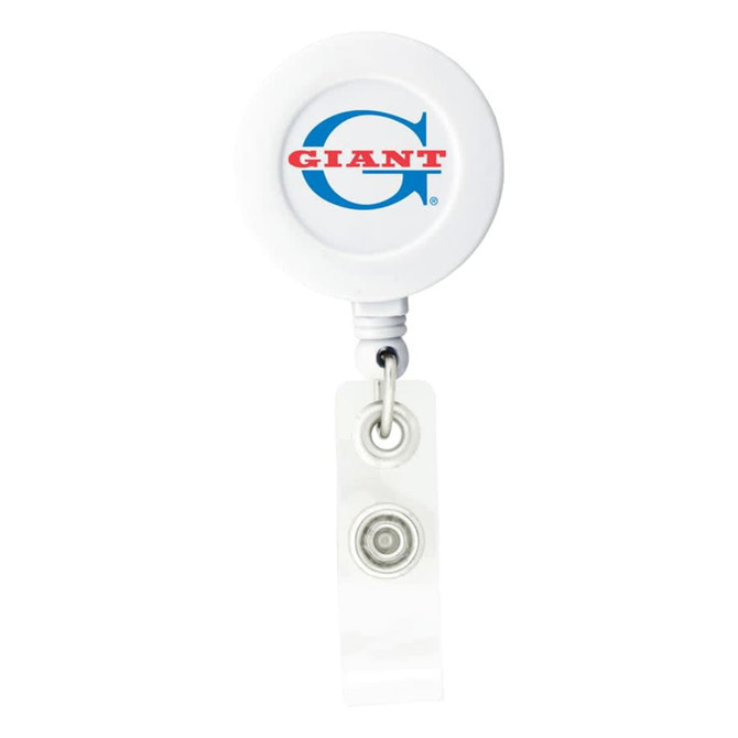 A round white badge holder featuring a visible logo, with a retractable clear strap for attaching badges.