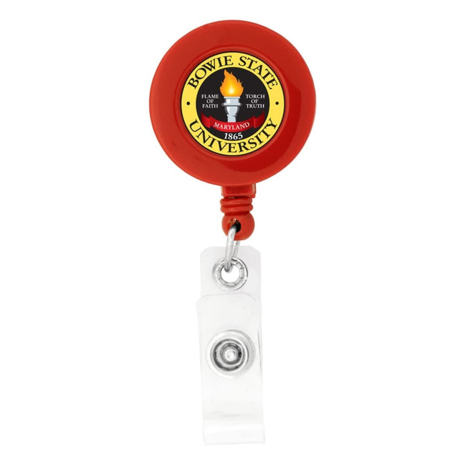 A round red badge holder with a clear strap and a logo in the centre.
