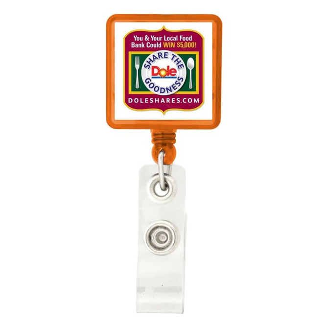 A rectangle badge holder in orange and clear, featuring a logo and a clip for attachment.