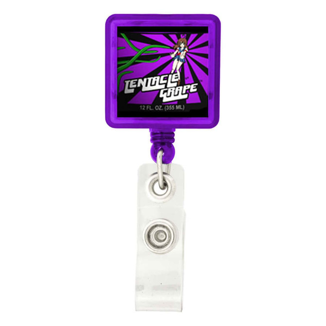 A rectangular badge holder in purple with a clear strap, featuring a logo on the front.