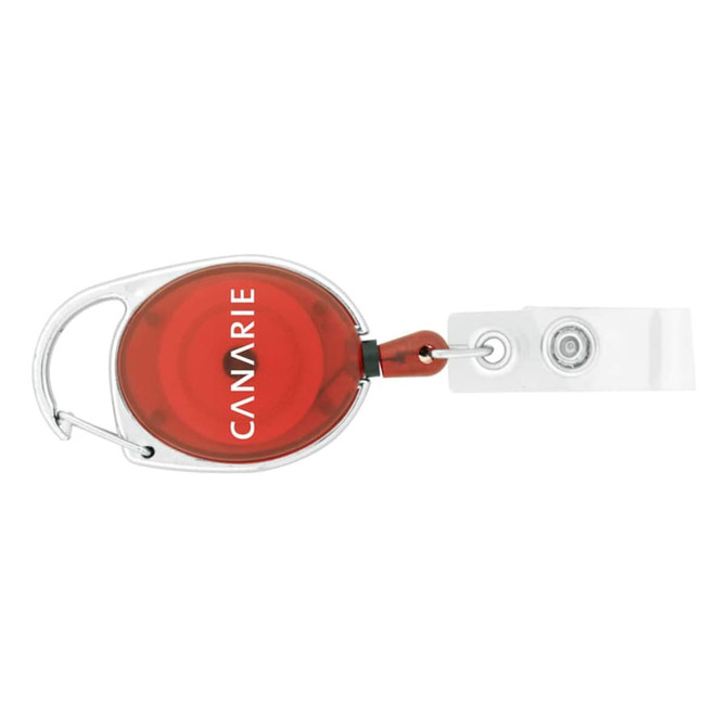 A red retractable badge holder with a clear strap and a metal clip. It features a logo in the centre.