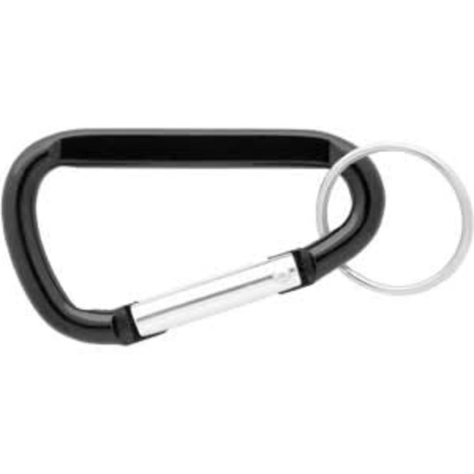 A black 60mm carabiner with a silver metal accent and a keyring attachment. It features a logo.