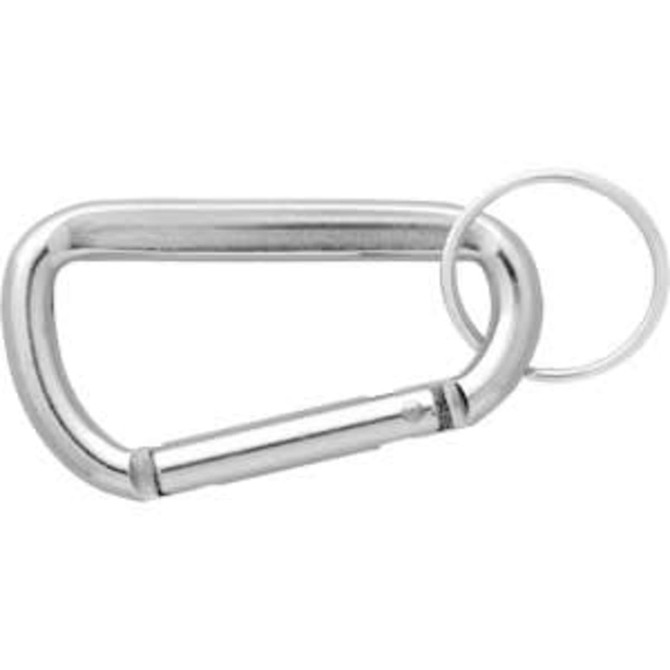 A silver 60mm carabiner with a keyring attachment, featuring a sleek design and a rounded shape.