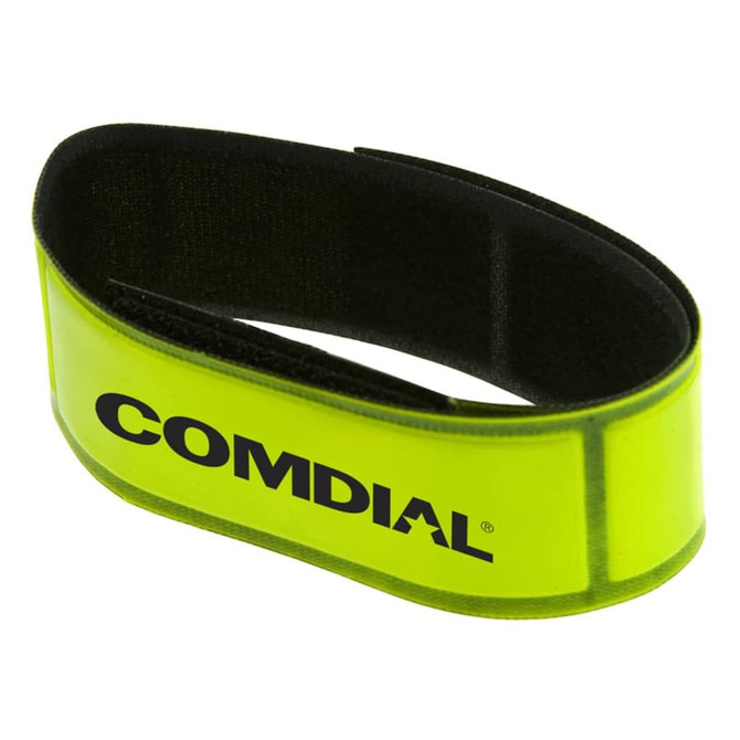 A reflective wristband in bright yellow with a black logo, designed for events and exhibitions.