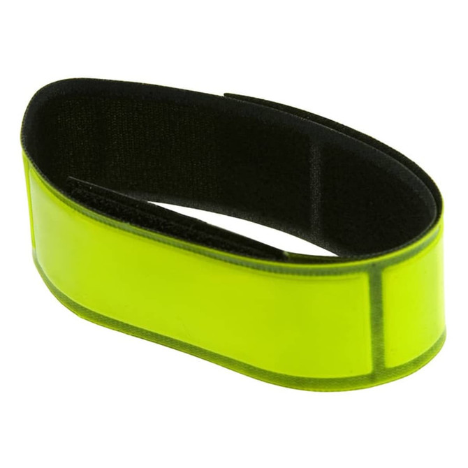 A reflective wrist band in bright yellow with a black adjustable strap and an attached brand logo.