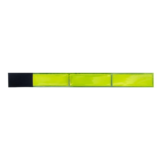 A reflective wristband in vibrant yellow with a black velcro attachment. It features three reflective sections.