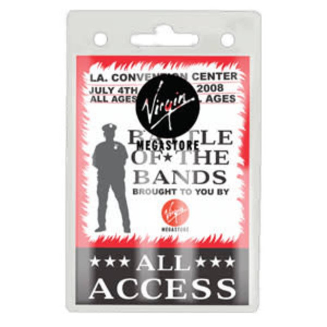 A clear badge holder, measuring 82mm W x 130mm H, featuring a black and red design and a logo.