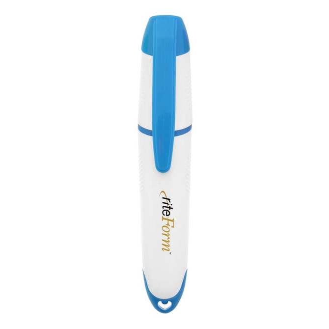 A highlighter with a white body and blue accents, featuring a logo on one side.