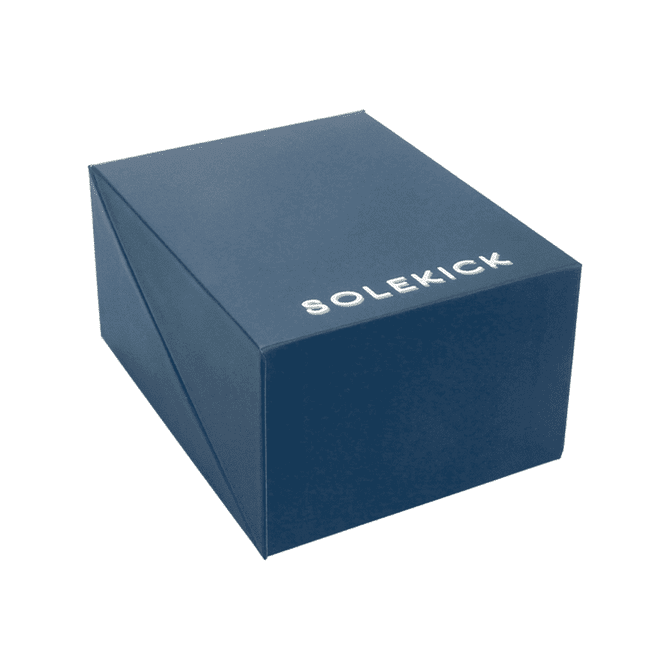A navy blue box featuring a logo, designed for the Solekick MagClick Fast Wireless Charging Stand.