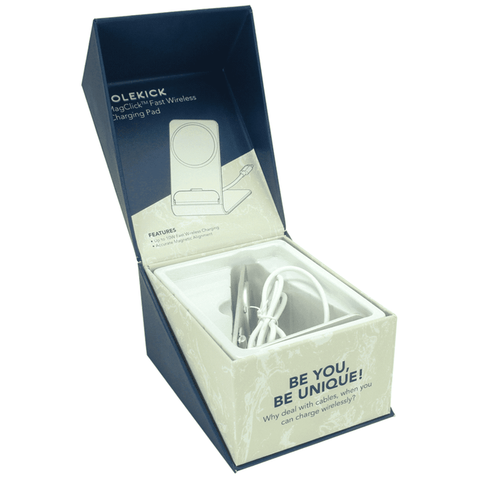 A wireless charging stand in a navy blue box, featuring a white charging pad and cable inside.