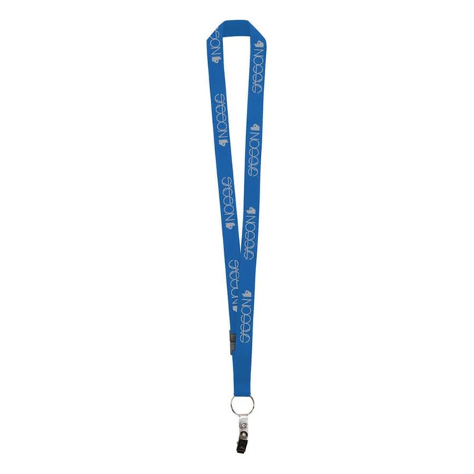 A blue custom lanyard featuring a logo and a clip attachment at the end.