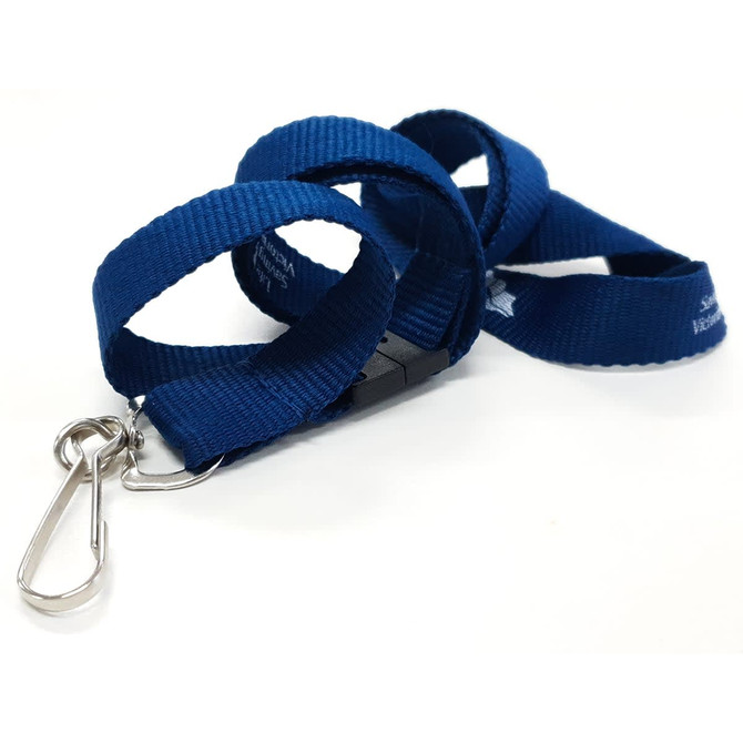 A blue 19mm custom lanyard with a metal clip and a black plastic adjuster.
