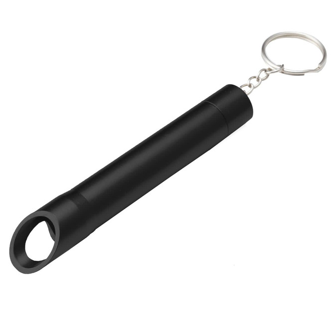 A black drink bottle opener keychain with a metal ring for attaching to accessories. It has a sleek, cylindrical design.