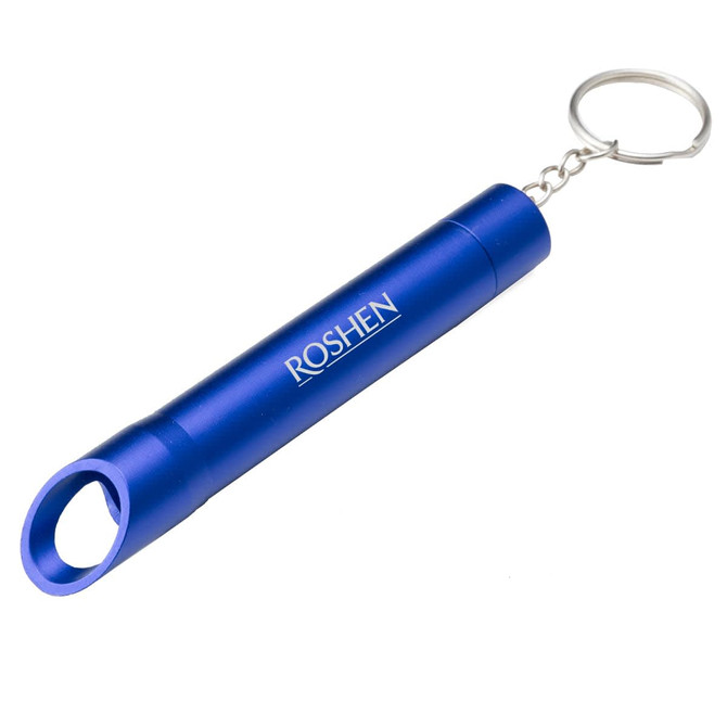 A blue bottle opener keychain with a circular opening and a silver keyring, featuring a logo.