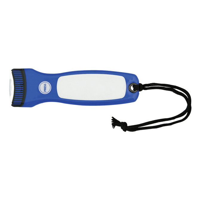 A blue magnetic flashlight with a white grip and a black cord for easy handling. Features a logo on the body.