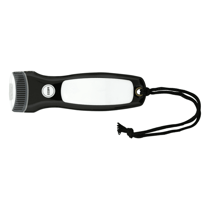 A black and white magnetic flashlight with a wrist strap and a logo on its body.
