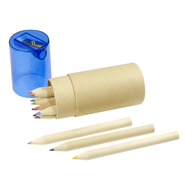 A set of coloured pencils in a kraft tube, accompanied by a blue sharpener. The pencils are various vibrant colours.