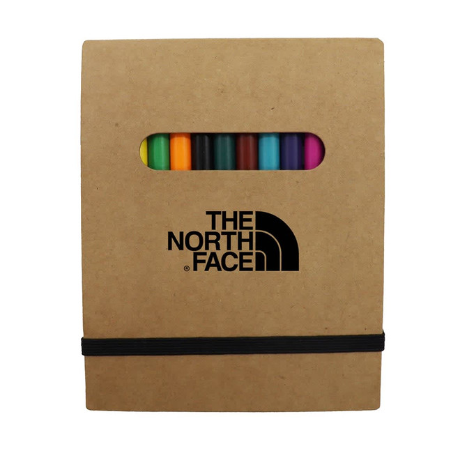 A notepad set in a brown cardboard cover with an elastic band, featuring colourful markers inside. It has a logo on the front.