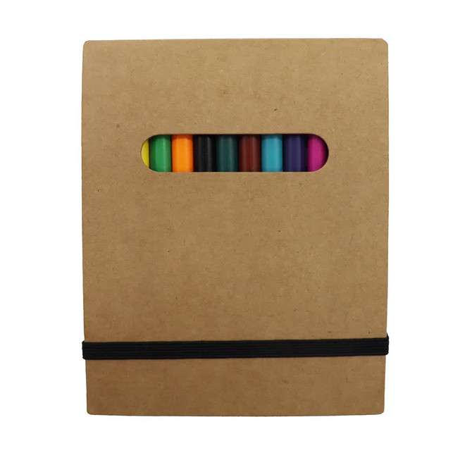 A notepad set with a brown cover and an assortment of colourful markers visible through a cut-out window.