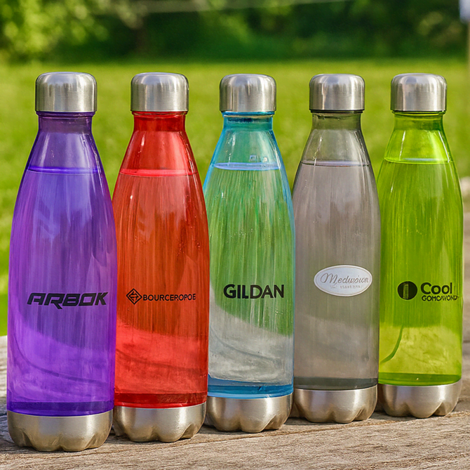 A drink bottle collection featuring five vibrant colours: purple, red, green, clear, and blue, with metallic caps.