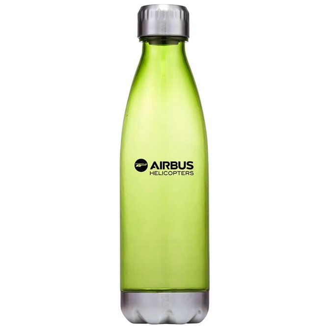 A drink bottle in translucent green plastic with a metallic silver lid and a logo on the front.