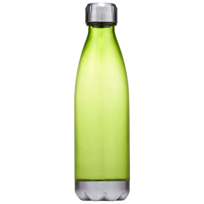 A drink bottle in bright green plastic with a silver base and a silver screw cap. It features a logo.