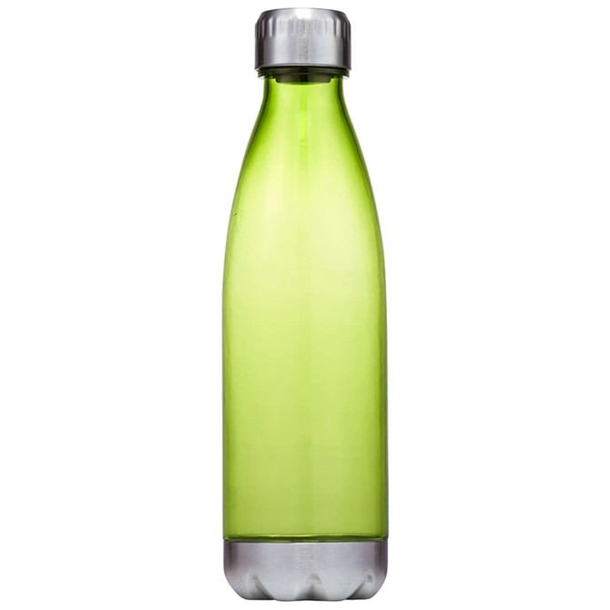 A drink bottle in a vibrant green colour with a silver cap and base, featuring a logo.