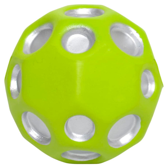 A bright lime green high bounce ball with silver holes, featuring a logo on the surface.
