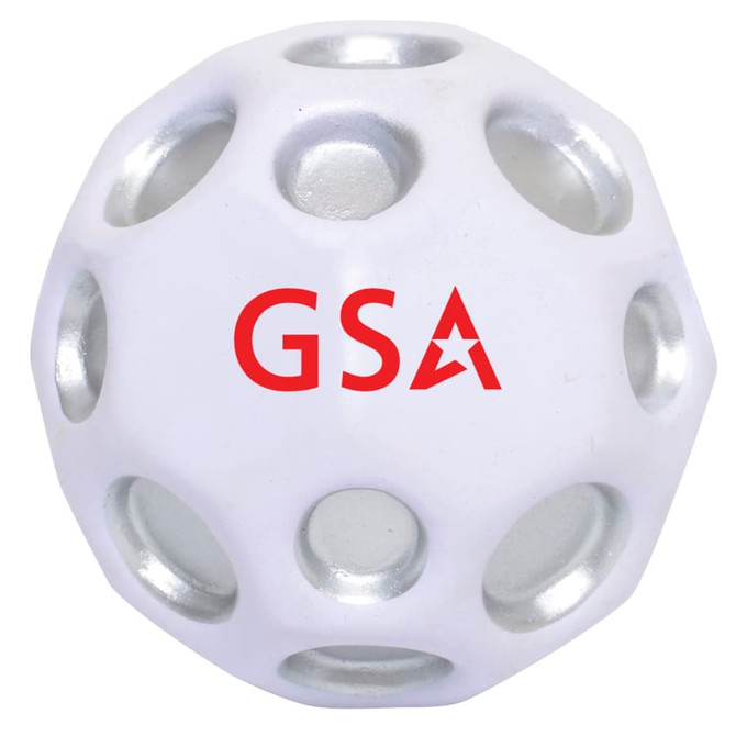 A high bounce ball in white with silver accents and a logo. Designed with multiple holes for a unique texture.