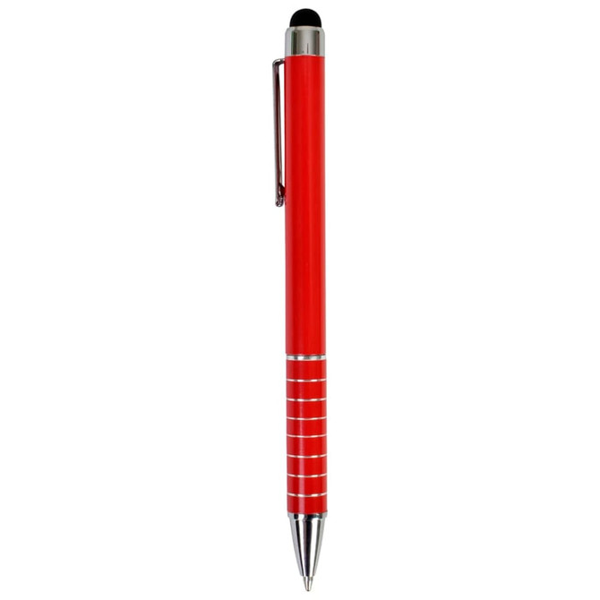 A red stylus pen featuring a metallic finish and a clip, with a stylus tip at the top.