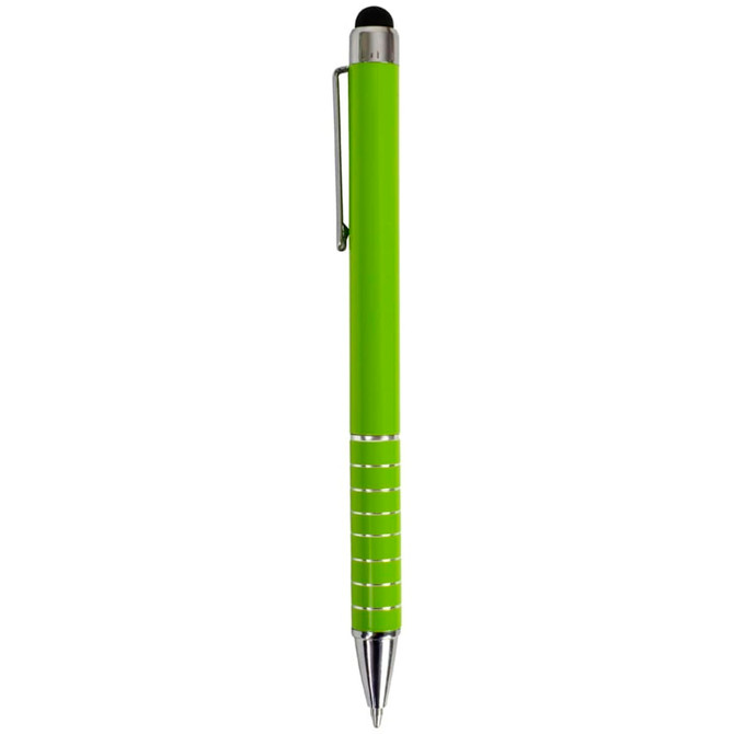 A bright green stylus pen with a silver clip and grip details, featuring a black stylus tip.