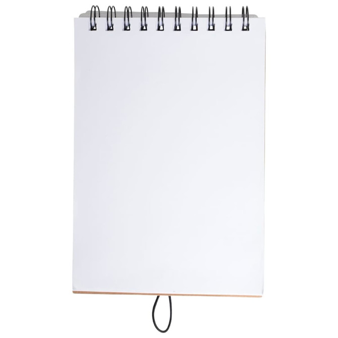 A spiral-bound blank notepad with a white cover and pages, featuring a black binding.