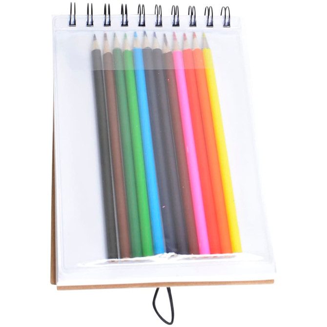 A sketch pad with a clear cover, featuring ten coloured pencils in various shades, including pink, green, and yellow.