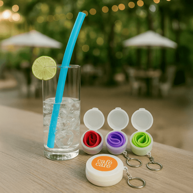 A drink bottle with ice and a blue reusable silicone straw, alongside cases containing green, purple, and red straws.