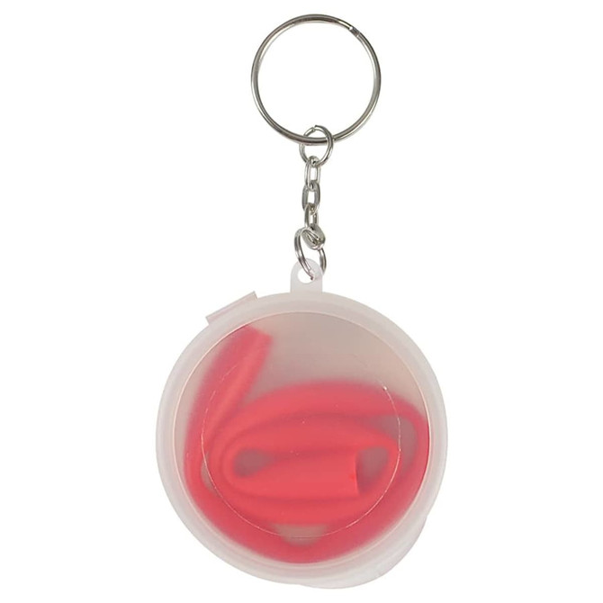 A red reusable silicone straw coiled inside a transparent round case with a keyring attachment.