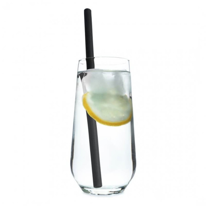 A glass of water with ice and lemon, featuring a black reusable silicone straw.