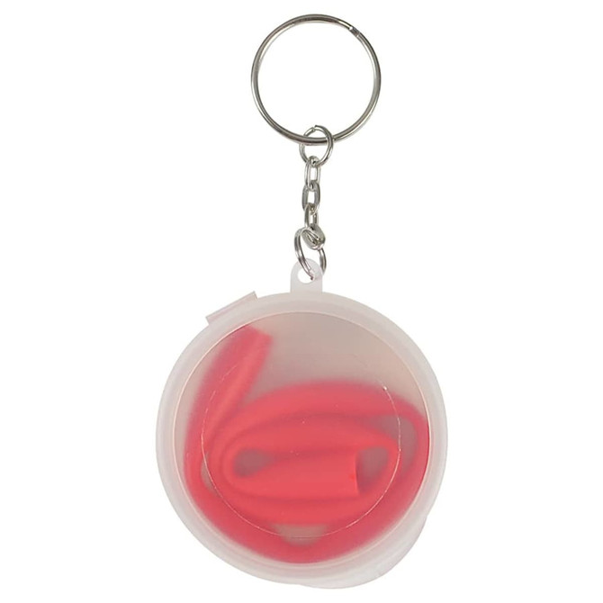 A red reusable silicone straw coiled inside a clear round case with a keychain attachment.