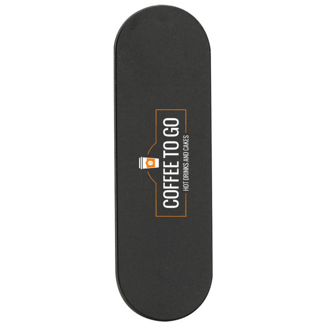 A black smartphone strap with a logo and text promoting "Coffee to Go."