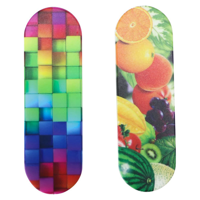 Two smartphone straps featuring vibrant designs: one in a multicoloured pixel pattern and the other with fruits. Each has a logo.