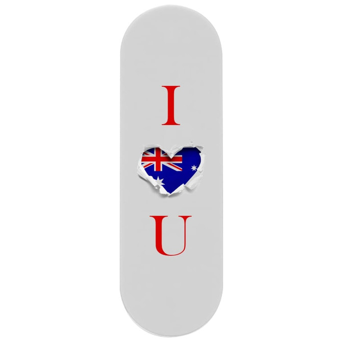 A white smartphone strap features a heart design with the Australian flag and text "I U" in red.